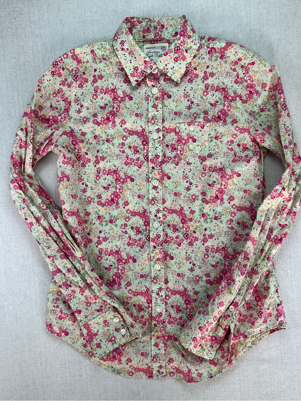 Women’s Pink and Green Floral Western Inspired Indie Fun Button-Up Shirt Size XS